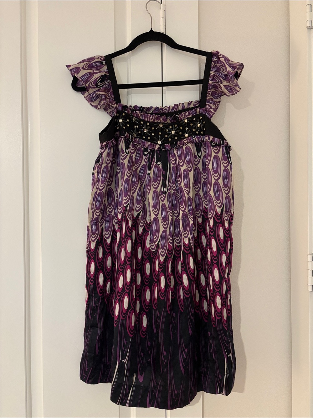ECI New York Vintage Purple and Black Patterned Dress with Stud Accent